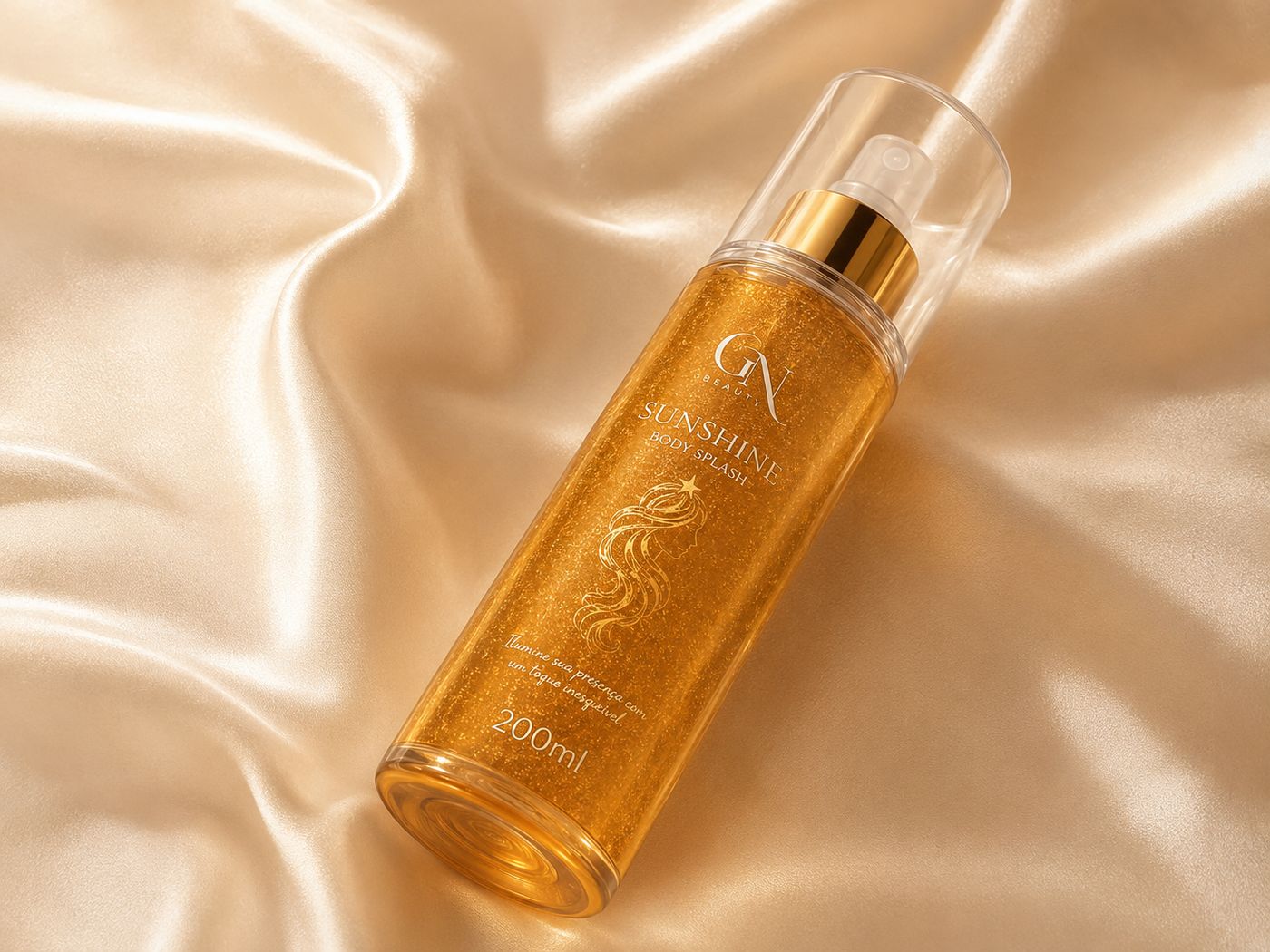 Sunshine Body Splash sobre tecido de seda dourada